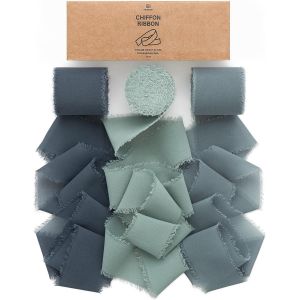 Ruban En Mousseline De Soie Bleu Poussi&egrave;re, Fait Main Avec Franges, Total 3,8 Cm X 19,2 M, Ruban Effiloch&eacute; Pour Invitations De Mariage, Bouquets De Mari&eacute;e, Cadeaux Emballages, Bricolage - Neuf