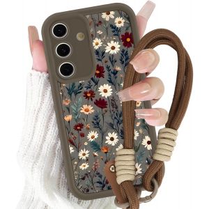 TRAHOO-Coque pour Samsung Galaxy S24 FE avec Cordon de Bracelet, Silicone &Eacute;tui avec Aesthetic Fleur Motif Flower Design, Antichoc Housse avec Lanyard Cover Case pour Samsung S24 FE 6,7"", Brun - Neuf