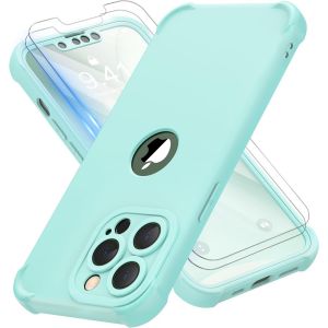 Maa-Coque Pour Iphone 13 Pro + 2 Pièces Verre Trempé Protection Écran, 2 En 1 Antichoc Souple Silicone Tpu Arrière Rigide Pc Avant Housse De Protection Pour Iphone 13 Pro Case 6,1"" Vert Menthe - Neuf