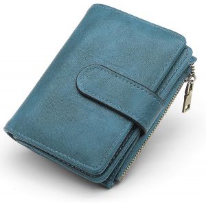 CAUC-Portefeuille Femme en Cuir PU Petit Porte Monnaie Blocage RFID Petit Feuille Femme Court 17 Emplacements de Cartes et Zippé Porte à Monnaie Porte Feuilles pour Femmes Vintage (Bleu Paon) - Neuf