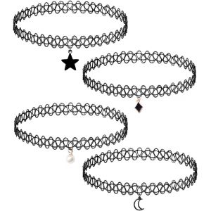 Kgabery-4 Pièces Collier Élastique Collier Ras Du Cou Noir Collier De Tatouage Tendance Avec Pendentif Pour Femmes Filles Adolescent Cadeau - Neuf