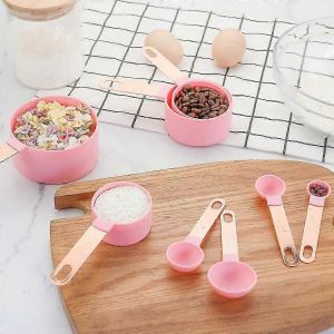 Ensemble De 8 Tasses Et Cuillères À Mesurer,4 Tasses À Mesurer / 5 Cuillères À Mesurer,Ensemble De Cuillères À Mesurer Avec Échelle Gravée (Rose) - Neuf