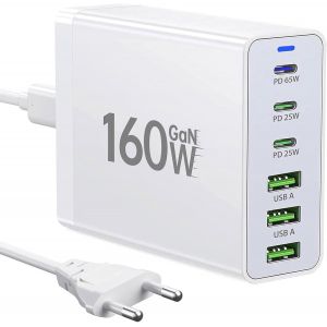 Chargeur USB C,160W GaN 6 Ports Multiples,Chargeur Rapide PD Chargeur de Bureau USB C Compatible avec iphone12/13/14/15 Series,MacBook Pro/Air Samsung Galaxy S23/S22/S21 - Neuf