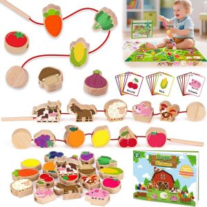 ERYI-Perles En Bois À Enfiler Jouet Montessori Enfant Éducation Avec Des Cartes De Mots Carte Des Animaux De La Ferme - Neuf