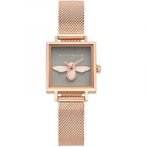 Montre &Agrave; Quartz Pour Femme, Cadran Carr&eacute; Petit, Bo&icirc;tier Or Rose Et Bracelet Amovible En Cuir V&eacute;ritable Vert. - Neuf