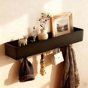 Crochet Porte Manteau Mural de 43,5 cm, avec &eacute;tag&egrave;re et 5 Crochets Cach&eacute;s, Crochets Adhesifs Muraux, Pat&egrave;re Murale Convient pour la Chambre, Le Couloir et Le Salon - Neuf