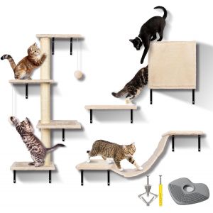 Mur D'escalade Pour Chats - 10 Pcs ¿¿L¿¿Ments Muraux Pour Chats En Bois Solide, Arbre ¿¿ Chat Avec Grand Pont Suspendu, Maison Pour Chat Plateforme Pour Plus De Plaisir De Jeu - Neuf