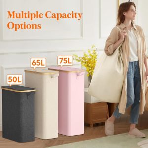 Panier &agrave; Linge Extra Plat 75LPaniere a Linge Sale avec CouvercleCorbeille a Linge Bambou avec Sac Amovible et Poign&eacute;eBac Linge Etroit pour ChambreSalle de BainBuanderieBeige - Neuf