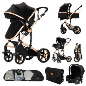 Poussette 3 En 1 Magic Zc Poussette Pousette Trio 3 En 1 Pousette Sac &Agrave; Main Harnais De Cinq Points 0-3ans Max 15kg Noir Or - Neuf