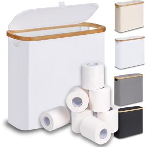 28 L Boite Rangement Papier Toilette avec Couvercle, Bambou Panier &agrave; Papier Hygi&eacute;nique Boite Rangement Salle de Bain, Corbeille Porte-Papier Toilette pour 9 &agrave; 12 Rouleaux, Blanc - Neuf