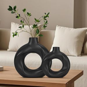 ERYI-Lot De 2 Vase Decoratif, Vase Fleur Noir, Vases Ceramique Rond, Vase Fleurs Séchées, Vase Decoratif Maison Pour Le Salon, La Salle À Manger Et La Chambre À Coucher (Noir (Grand + Petit)) - Neuf