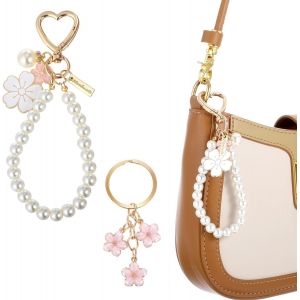 KAL-Lot De 2 Porte-Clés À Perles - Porte-Clés - Mignon Pendentif En Forme De Fleur De Cerisier - Pendentif De Sac Rose Pour Fille Et Femme - Sac À Main - Porte-Monnaie, Rose, Blanc, 13Cm - Neuf