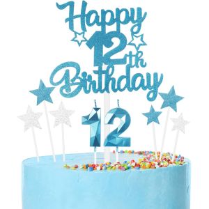 Sjzg-Ensemble De D&eacute;corations De G&acirc;teau D'anniversaire &laquo; Happy 12th Birthday &raquo; - Num&eacute;ro 12 Bleu - Pour G&acirc;teau D'anniversaire - Bougies D'anniversaire Pour Filles Et Gar&ccedil;ons - &Eacute;toile Bleue Et - Neuf