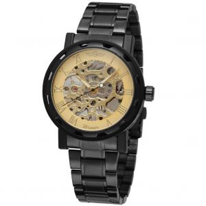 Montre-Bracelet Mecanique Creuse Et Etanche Pour Homme Winner Avec Bracelet En Acier (Noir Et Or) - Neuf