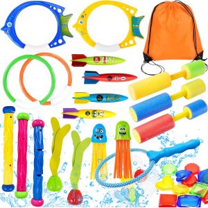 28pcs Jouet De Plongée, Jouets De Natation Pour Piscine De Plongée,Anneaux De Plongée,Torpedo Bandits,Filet De Pêche,Sac De Rangement,Pistolet À Eau,Jouet Sous Eau Été Jeux Pour Enfant - Neuf