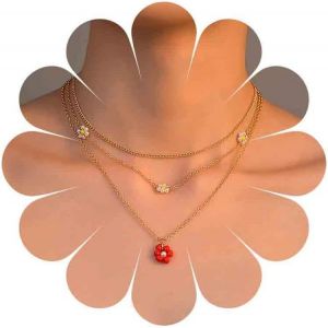 Kal-Collier Boho Avec Pendentif En Forme De Fleur Collier Ras Du Cou En Perles De Fleur Collier En Perles De Fleur Rouge Collier En Chaîne En Forme De Fleur Multi-Couches Bijoux Pour Femmes - Neuf