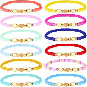 Kal-Lot De 12 Bracelets D'amiti&eacute; Color&eacute;s En Forme De Coeur - Perles D'argile - Adrettes - Adrettes - Bracelet De Perles En Forme De Coeur Extensible - Bracelets D'amiti&eacute; &Eacute;lastiques Multicouches - Neuf