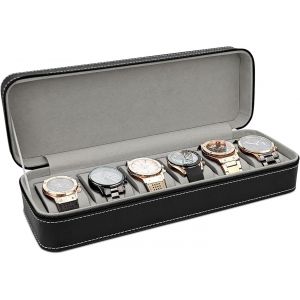 Kal-Boîte À Montres À 6 Fentes, Rangement Pour Montres En Cuir Pu Coffret À Montres Avec Fermeture À Glissière, Boite Montre Pour Hommes Et Femmes (Noir) - Neuf
