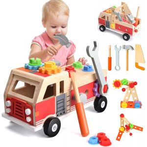 ERYI-Jouet En Bois Outil, Boite A Outil Pour Enfant, Voiture Jouet En Bois, Montessori Educatifs Jeux, Jeu D'Imitation Bricolage Éducatif Avec 30 Pièces, Cadeau Garcon Fille 2 3 4 Ans(Camion De Pompi - Neuf
