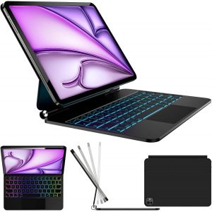 Clavier pour iPad Air 11 Pouces (M2 2024/M3 2025) Air 5/4 & Pro 11 Pouces (1ère à 4ème Gén.), Coque Clavier Détachable avec Pavé Tactile, 7 Couleurs RGB, AZERTY Français, Noir Gris - Neuf