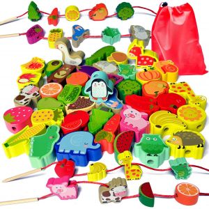 Perles en Bois &agrave; Enfiler Jouet,42 Pi&egrave;ces Animaux et Fruits Jouets de Filetage en Bois,Jeux Montessori &Eacute;ducatifs Enfant Cadeau pour Gar&ccedil;ons Filles 2 3 4 Ans - Neuf