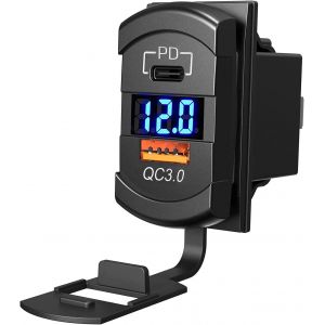 JGD-Prise de Voiture USB Chargeur de Charge Rapide QC3.0 + PD + voltm&egrave;tre pour v&eacute;hicules 12V/24V Voiture Bateau Moto SUV Bus Camion Caravane Marine (Bleu) - Neuf
