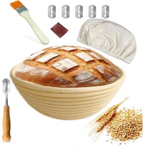 Jexnovashop-Banneton Pour Pain, Panier De Fermentation Rond De 23 Cm, Panier De Fermentation Pour Pain, Avec Brosse, Couteau &Agrave; Pain, Tissu En Lin, Panier &Agrave; Pain, Panier De Fermentation Pour Pain - Neuf