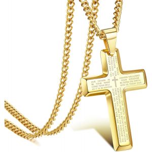 Trahoo-Or 14k Collier Croix Homme Chretienne Collier Acier Inoxydable Pendentif Croix Avec 4mm Chaine Homme Chretienne Catholique Croix Pour Hommes Longueur 61cm - Neuf