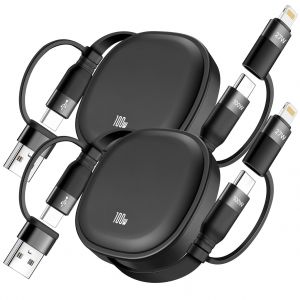 C&acirc;ble de Charge 5 en 1, 100W C&acirc;ble de Charge Rapide USB et Transfert de Donn&eacute;es, R&eacute;tractable Cable Chargeur Multi Embout USB-C/A vers Lightning/Type C pour iPhone,iPad Pro/Air,Galaxy,Pixel - Neuf