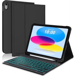 Clavier iPad 10/11&egrave;me Generation (10.9 Pouces 2022/11 Pouces A16 2025), Coque Clavier AZERTY sans Fil Bluetooth R&eacute;tro&eacute;clairage 7 Couleurs pour iPad 10eme/11eme avec Porte Crayon, Noir - Neuf