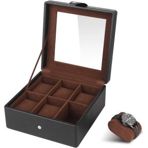 Kal-Boîte À Montres Avec 6 Compartiments, Fenêtre De Visualisation En Verre Et Coussins Amovibles En Velours, Coffre À Montres Noir(19,5x19,5x9,5 Cm) - Neuf