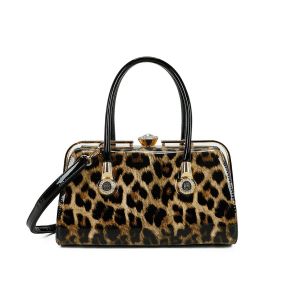 Sac &agrave; Main de Soir&eacute;e pour Femme Vernis Motif L&eacute;opard avec Fermoir Bijou Facett&eacute; Gallantry Marron - Neuf