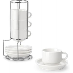 Série Regular,Lot De 4 Tasses À Café Pour 4 Personnes,90 Ml,Service À Café Empilable Avec Soucoupe Et Support En Métal¿Idéal Pour Expresso,Cappuccino,Latte,Moka Et Thé,Blanc - Neuf