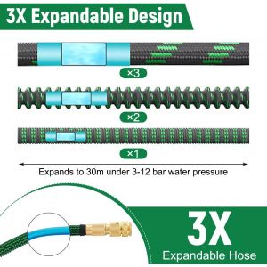 ASFASFq-Tuyau d'arrosage flexible, 30 m, vert, avec buse de pulvérisation et raccords en laiton de 3/4"" et 1/2"", tuyau d'arrosage extensible, avec 10 fonctions, 3 x extensibles, sans pli, pour jardin - Neuf