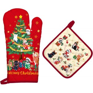 Loranka-Gants De Four & Maniques Sapin De No&euml;l Chat Lot De 2, 100% Coton Maniques Cuisine Gant Four Anti Chaleur Extra-Longue Pour Barbecue, Griller,Micro-Ondes D&eacute;coration Cadeaux Vacances - Neuf