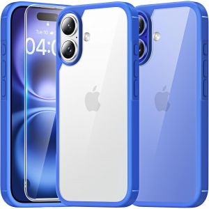 Brs-Coque Pour Iphone 16 Plus Avec Protection D'écran En Verre Trempé,Protection Militaire,Coque Bumper Transparente Antichoc - Bleu - Neuf