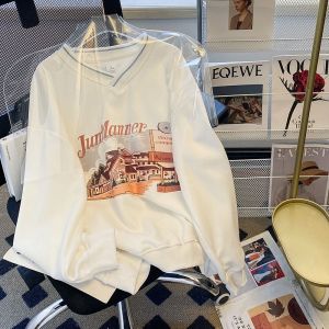 Sweat-Shirt En Pur Coton Pour Femme Printemps Et Automne Style Fin Tendance Col En V Manches Longues Hauts Grande Taille Vêtements Pour Femmes - Neuf