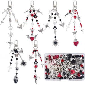 KALANKA-1 bo&icirc;te DIY 6 Ensembles de Breloques Gothiques pour Sacs &agrave; Main Sacs &agrave; Dos Porte Cl&eacute;s d'halloween : &Eacute;toiles Noires Rouges et Argent&eacute;es Roses Fleurs Croix C?ur Sacr&eacute; Ailes et Cr&acirc;ne Accessoir - Neuf