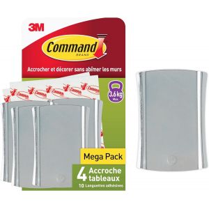 Accroche Universelle Adh&eacute;sive pour Tableaux, Grand Mod&egrave;le, Argent&eacute; - 4 Crochets et 10 Grandes Languettes, 3,6 kg - Accrochage Sans Dommage - Neuf