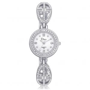 Disu Mode Femmes M&eacute;tal Quartz Mouvement Montre-Bracelet Bracelet Bande De Montre R&eacute;glable (Cadran Argent + Blanc) - Neuf