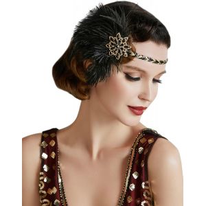 Kal-1920s Vintage Bandeau Rugissant Des Années 20s Flapper Casque Avec Plume Des Années 1920 Great Gatsby Costume Accessoires - Neuf