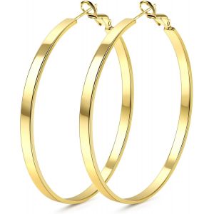 Kal-Boucles D'oreilles Créoles Pour Femmes En Argent 925 Post Créoles Hypoallergéniques Plaquées Or 14k À Gros Tube Creux Boucles D'oreilles Créoles 4mm En Argent Or 30/40/50/60/70mm - Neuf