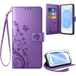 TRAHOO-Coque pour Samsung Galaxy S25 5G + 1 Verre Tremp&eacute;, Retro Design Housse Premium en Cuir PU Pochette de Portefeuille pour Porte Cartes Fonction Stand Flip Etui pour Samsung S25, Violet - Neuf