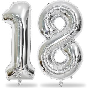 SJZG-Grand Ballon En Aluminium Argent&eacute; En Forme De Chiffre 18 - 101,6 Cm - Num&eacute;ro 1 & 8 - Pour D&eacute;coration D'Anniversaire De 18 Ans - Grand Ballon En Mylar - Auto-Gonflant - Pour D&eacute;coration De F&ecirc;te - Neuf