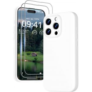 Brs-3 En 1 Coque Iphone 15 Pro Max Silicone Liquide - Avec 2 Verre Trempé - Étui Protection Précise De Caméra [Résistant Aux Rayures] [Antidérapant] Iphone 15 Pro Max Case 6.7"", Blanc - Neuf
