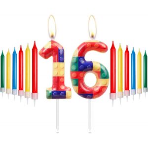 Blocs De Construction D'anniversaire En Forme De Chiffre 16 Bougies Rouges,Jaunes,Vertes,Bleues Pour Gâteaux,Bougies De Fête,Bougies De Gâteau D'anniversaire Sur Le Thème Des Blocs - Neuf