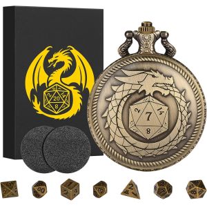 Chenquansarl-Mini Jeu De Dés Dnd, Boîtier En Coque De Montre De Poche Dragon Steampunk Bronze, Dés D&d Métall Polyédriques De 7 Pièces, Cadeaux Dnd Avec Boîte Cadeau, Accessoires De Jeux De Rôle - Neuf