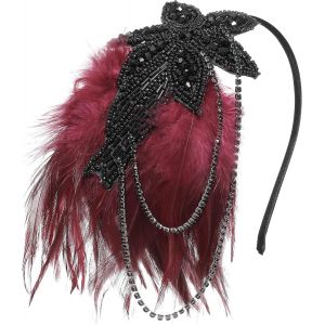Kalanka-Bandeau Vintage Ann&eacute;es 1920 Avec Plumes Et Perles En Cristal - Accessoire De Costume Gatsby Le Magnifique - Accessoires De Costume Des Ann&eacute;es 20 - Bordeaux - Neuf