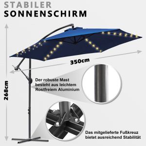 3.5m Parasol Avec Led Solaire Et Housse De Protection Uv40+,Bleu - Neuf