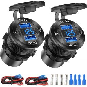 Prise Usb 12V Chargeur Voiture Multiport En Aluminium Double Port U-S-B Qc 3.0 Et Prise Pd Usb-C Avec Interrupteur Voltm&egrave;tre Pour Voiture, Bateau, Camion, Charge Rapide Pour Lphone Lpad, Ect. - Neuf
